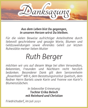 Traueranzeige von Ruth  Berger von Trauerkombi Köthen