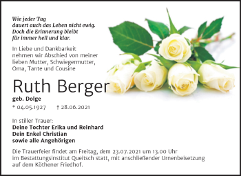 Traueranzeige von Ruth  Berger von Trauerkombi Köthen