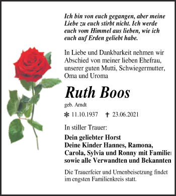 Traueranzeige von Ruth Boos von Trauerkombi Wittenberg