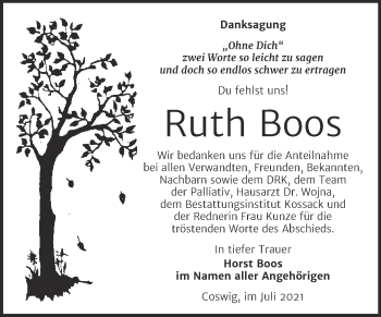Traueranzeige von Ruth Boos von Trauerkombi Wittenberg