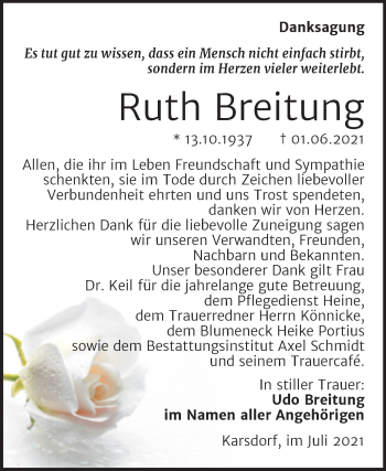 Traueranzeige von Ruth Breitung von Wochenspiegel Naumburg/Nebra