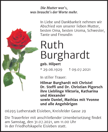 Traueranzeige von Ruth Burghardt von Trauerkombi Mansfelder Land