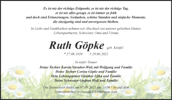 Traueranzeige von Ruth Göpke von Trauerkombi Dessau