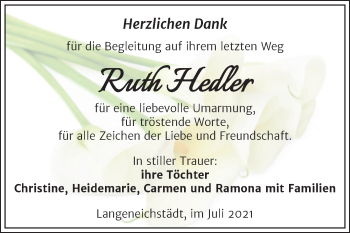 Traueranzeige von Ruth Hedler von Trauerkombi Merseburg