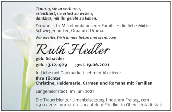 Traueranzeige von Ruth Hedler von Trauerkombi Merseburg