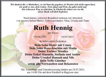 Traueranzeige von Ruth Hennig von Trauerkombi Wittenberg