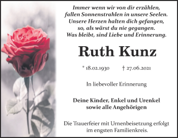 Traueranzeige von Ruth Kunz von Trauerkombi Bitterfeld