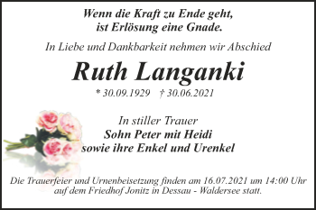 Traueranzeige von Ruth Langanki von Trauerkombi Dessau
