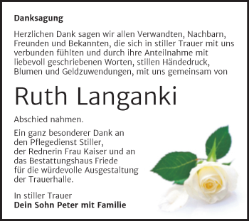 Traueranzeige von Ruth Langanki von Trauerkombi Dessau