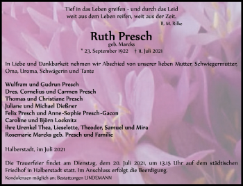 Traueranzeige von Ruth Presch von Trauerkombi Quedlinburg