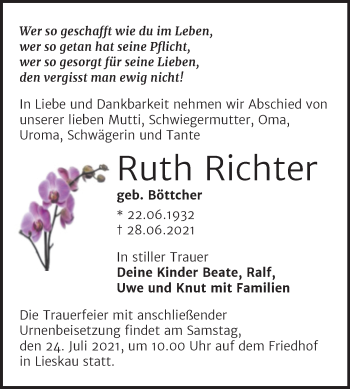 Traueranzeige von Ruth Richter von Mitteldeutsche Zeitung Halle/Saalkreis
