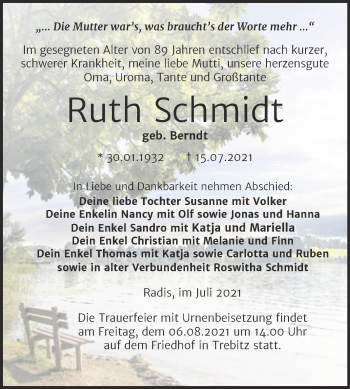 Traueranzeige von Ruth Schmidt von Trauerkombi Wittenberg