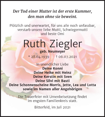 Traueranzeige von Ruth Ziegler von Trauerkombi Bitterfeld