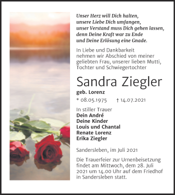 Traueranzeige von Sandra Ziegler von Trauerkombi Aschersleben