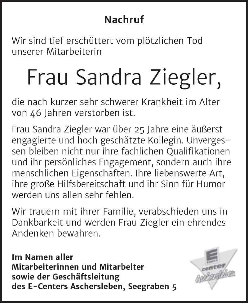  Traueranzeige für Sandra Ziegler vom 23.07.2021 aus Mitteldeutsche Zeitung Mansfelder Land
