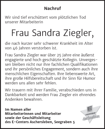 Traueranzeige von Sandra Ziegler von Mitteldeutsche Zeitung Mansfelder Land