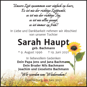 Traueranzeige von Sarah Haupt von Trauerkombi Quedlinburg