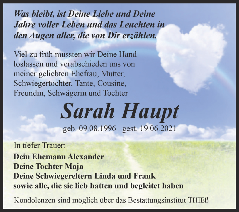  Traueranzeige für Sarah Haupt vom 03.07.2021 aus Trauerkombi Quedlinburg
