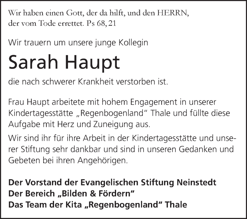  Traueranzeige für Sarah Haupt vom 03.07.2021 aus Mitteldeutsche Zeitung Quedlingburg