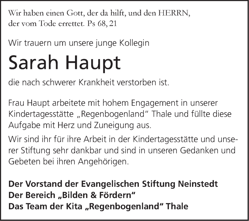  Traueranzeige für Sarah Haupt vom 03.07.2021 aus Super Sonntag Quedlingburg