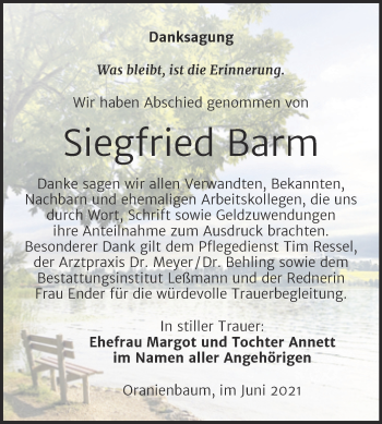 Traueranzeige von Siegfried Barm von Trauerkombi Wittenberg