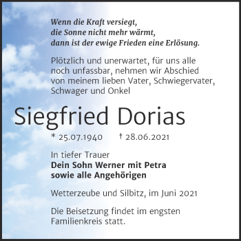 Traueranzeige von Siegfried Dorias von Trauerkombi Zeitz