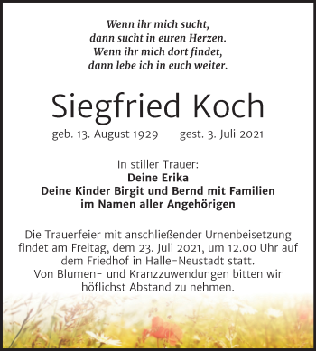 Traueranzeige von Siegfried Koch von Mitteldeutsche Zeitung Mansfelder Land