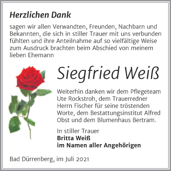 Traueranzeige von Siegfried Weiß von Trauerkombi Merseburg