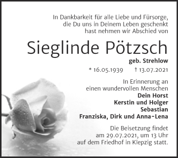 Traueranzeige von Sieglinde Pötzsch von Mitteldeutsche Zeitung Halle/Saalkreis