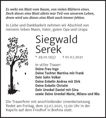 Traueranzeige von Siegwald Volker von Trauerkombi Bitterfeld