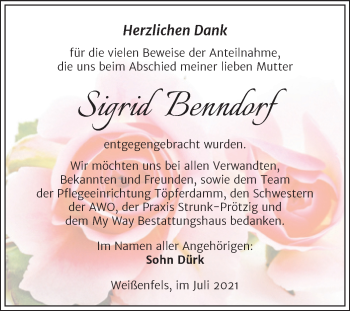 Traueranzeige von Sigrid Benndorf von Trauerkombi Weißenfels