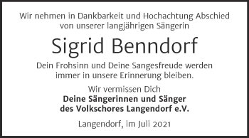Traueranzeige von Sigrid Benndorf von Mitteldeutsche Zeitung Weißenfels