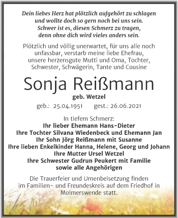 Traueranzeige von Sonja Reißmann von Trauerkombi Mansfelder Land