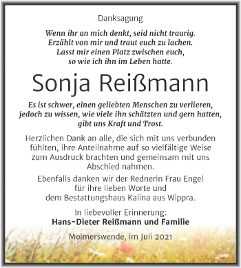 Traueranzeige von Sonja Reißmann von Trauerkombi Mansfelder Land