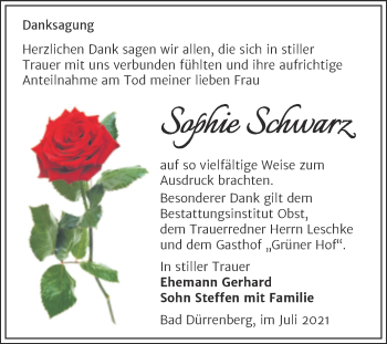 Traueranzeige von Sophie Schwarz von Trauerkombi Merseburg