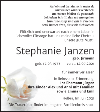 Traueranzeige von Stephanie Janzen von Trauerkombi Mansfelder Land
