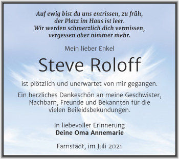 Traueranzeige von Steve Roloff von Trauerkombi Merseburg