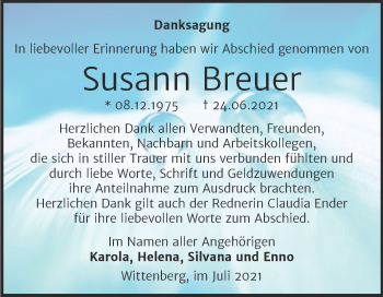 Traueranzeige von Susann Breuer von Trauerkombi Wittenberg