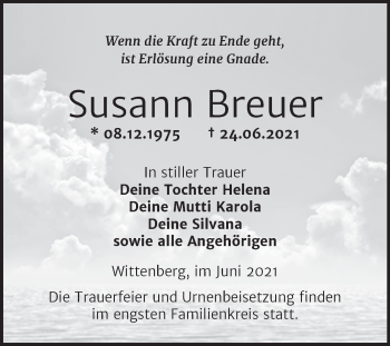 Traueranzeige von Susann Breuer von Trauerkombi Wittenberg