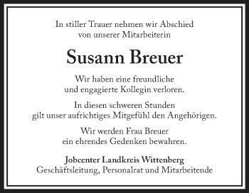 Traueranzeige von Susann Breuer von Super Sonntag Wittenberg