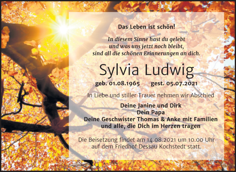  Traueranzeige für Sylvia Ludwig vom 17.07.2021 aus Trauerkombi Dessau