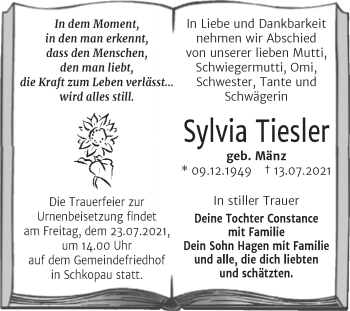 Traueranzeige von Sylvia Tiesler von Trauerkombi Merseburg