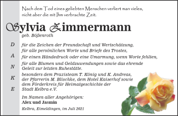 Traueranzeige von Sylvia Zimmermann von Trauerkombi Sangerhausen