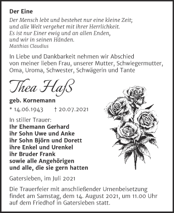 Traueranzeige von Thea Haß von Trauerkombi Aschersleben