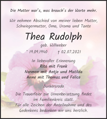 Traueranzeige von Thea Rudolph von Wochenspiegel Naumburg/Nebra