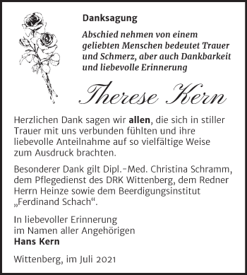 Traueranzeige von Therese Kern von Trauerkombi Wittenberg