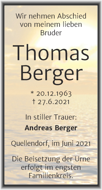 Traueranzeige von Thomas Berger von Trauerkombi Köthen