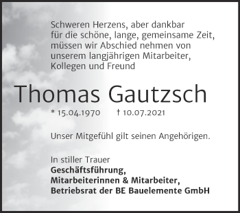 Traueranzeige von Thomas Gautzsch von Mitteldeutsche Zeitung Halle/Saalkreis