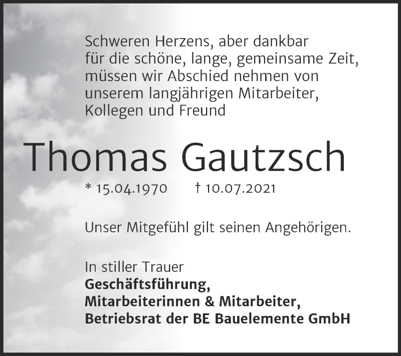  Traueranzeige für Thomas Gautzsch vom 24.07.2021 aus Mitteldeutsche Zeitung Halle/Saalkreis