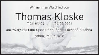 Traueranzeige von Thomas Kloske von Trauerkombi Wittenberg